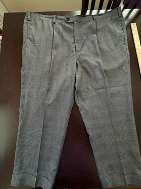 Proper Cloth Custom Wool Trousers, Mid Gray w/ Burgundy Check, Pleated, Size 46
